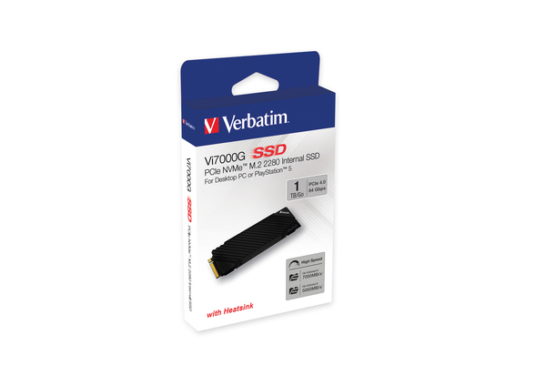 Verbatim Vi7000G 1 Tt:n SSD-levy (musta, PCIe 4.0 x4, NVMe, M.2 2280, jäähdytyselementti)