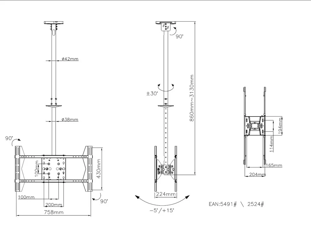 Multibrackets M Public Ceilingmount Large Back to Back - Ceiling mount tuotteelle 2 LCD-n&auml;ytt&ouml;&auml; - ter&auml;s - musta -n&auml;yt&ouml;n koko: 55"-70"