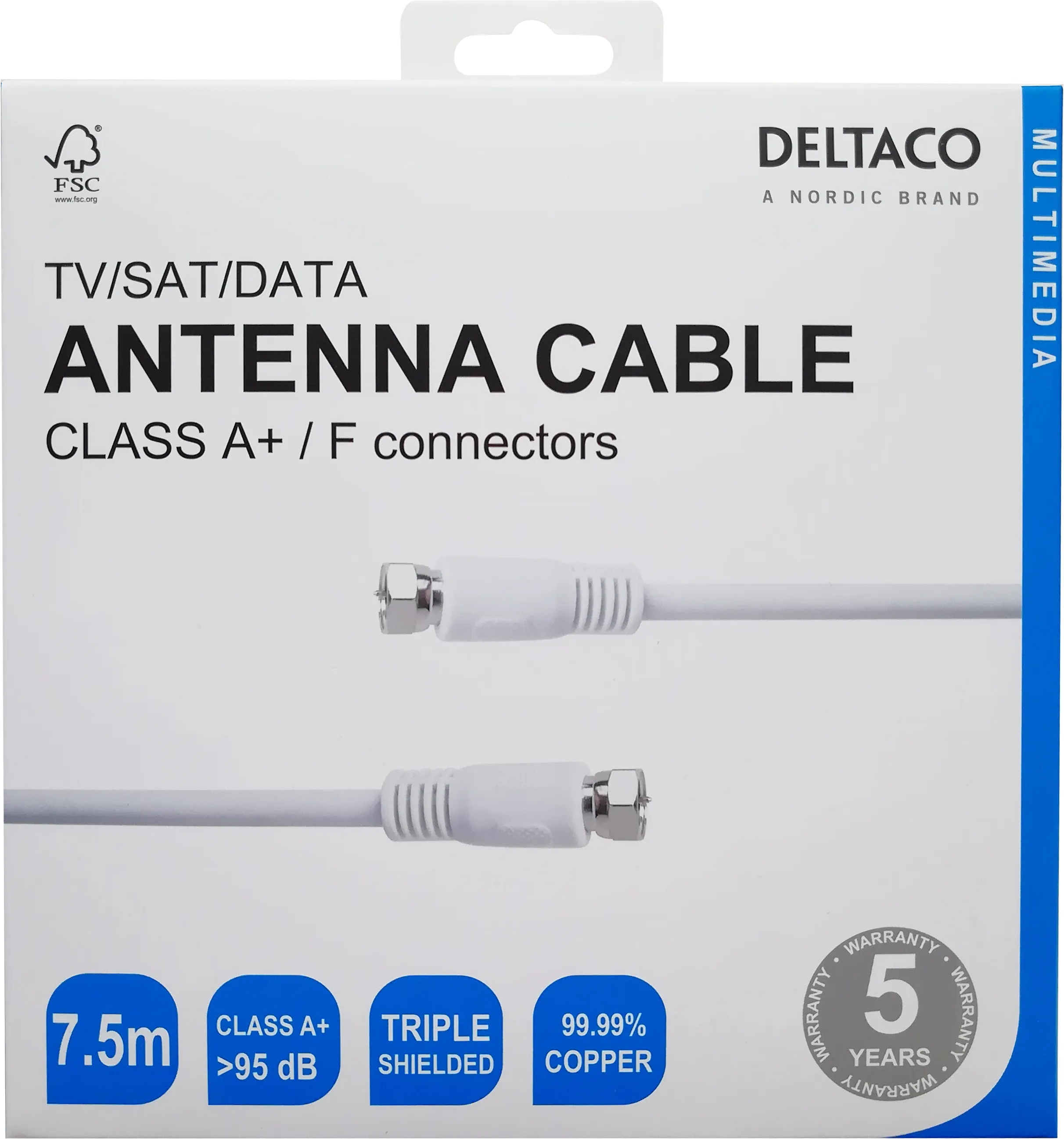 DELTACO R00150014 - F-typ antennkabel, 7,5 m, vit