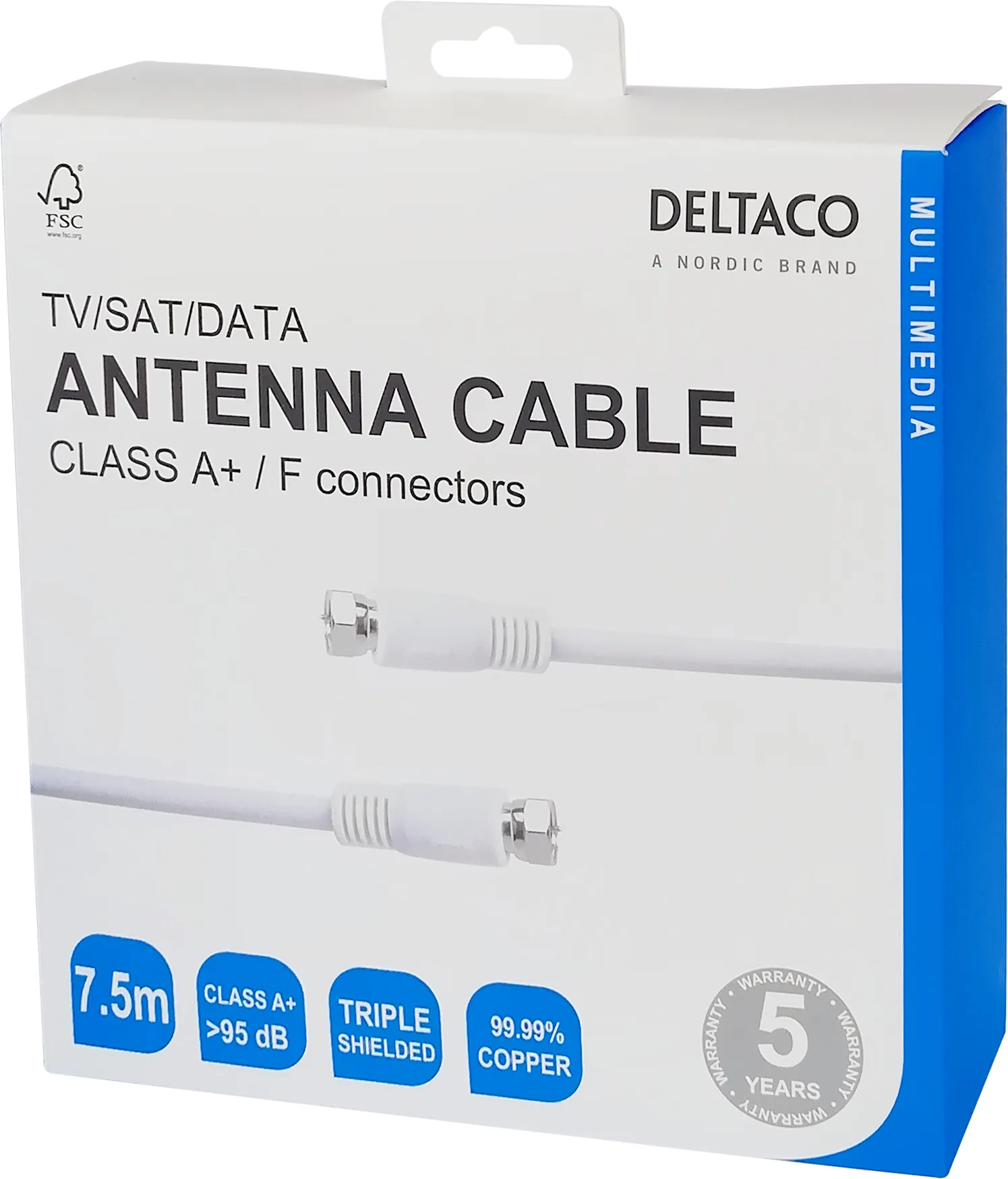 DELTACO R00150014 - F-typ antennkabel, 7,5 m, vit