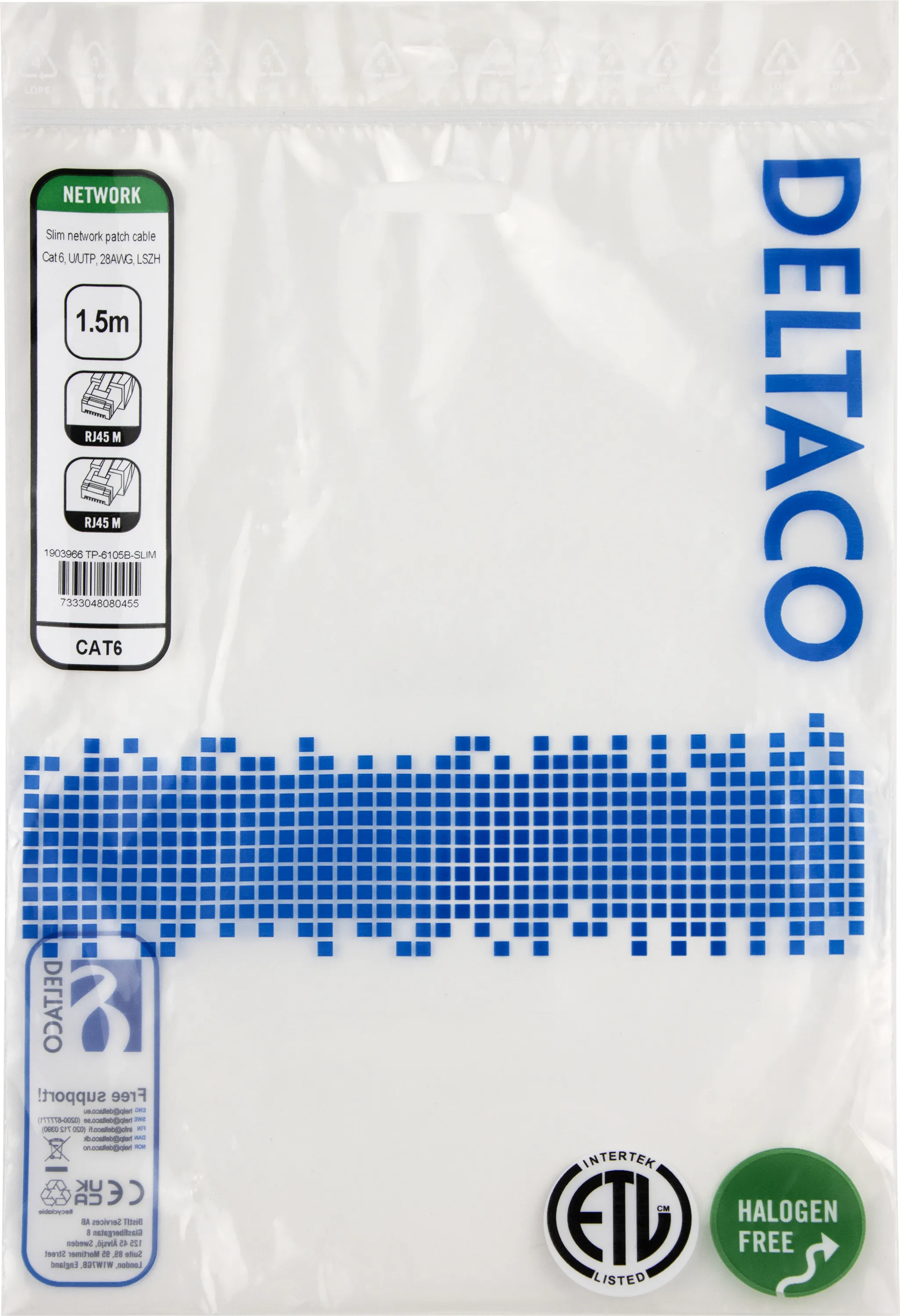 Deltaco Cat6 UTP RJ45 1.5m -verkkokaapeli, sininen