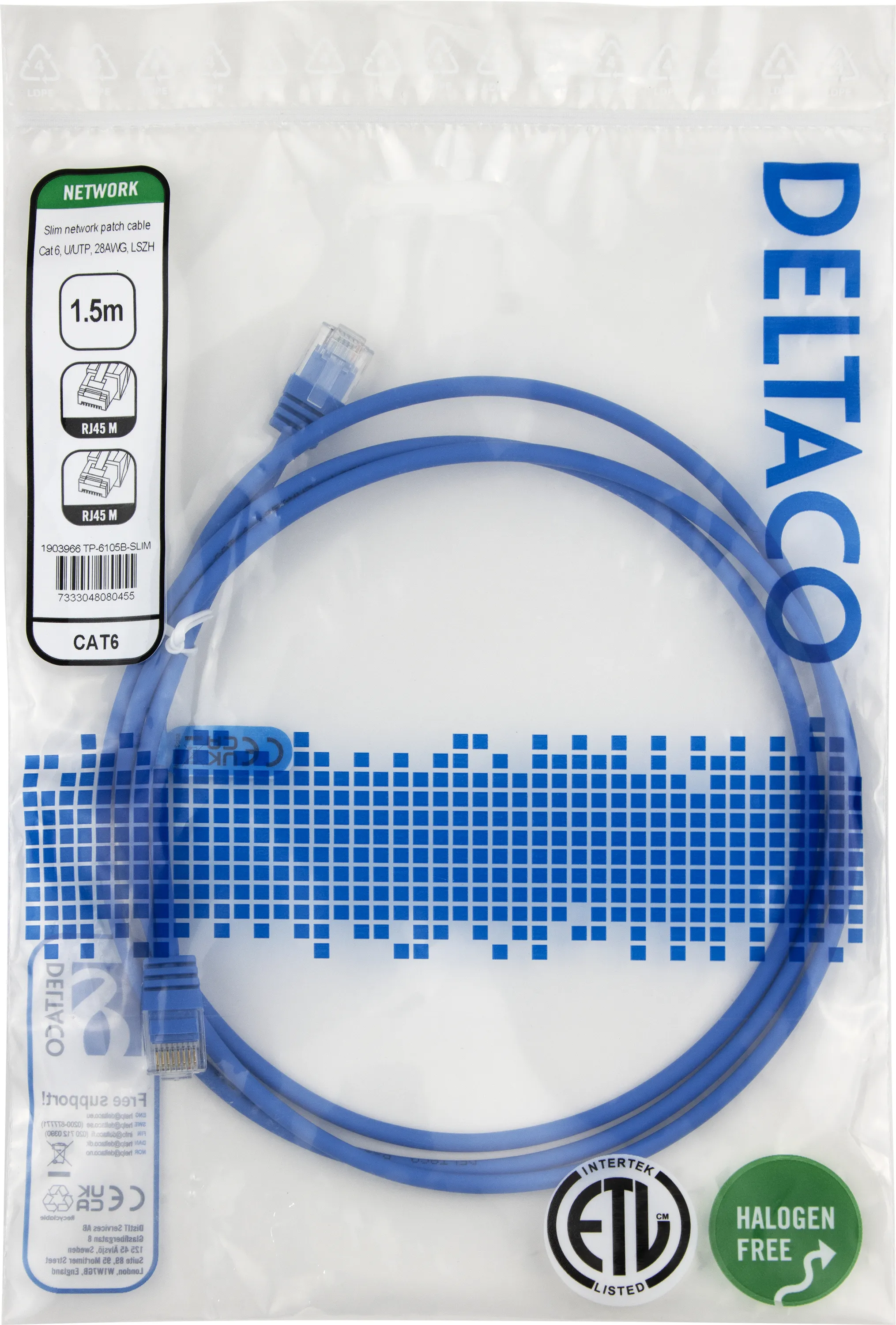 Deltaco Cat6 UTP RJ45 1.5m -verkkokaapeli, sininen