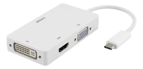 DELTACO USB-C till HDMI/DVI/VGA-adapter, 4K, DP Alt Mode, vit