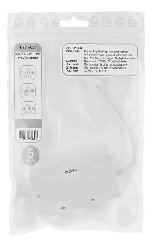 DELTACO USB-C till HDMI/DVI/VGA-adapter, 4K, DP Alt Mode, vit