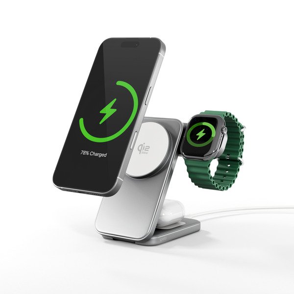 Spello ForceBase SF50b | Qi2 25W | 3in1 Wireless Charging Stand | Silver | Foldable  &amp;  Compact Design