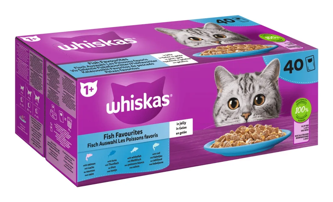 Whiskas Fish Favourites in Jelly, Kissan m&auml;rk&auml;ruoka, Adult, 40 x 85 g