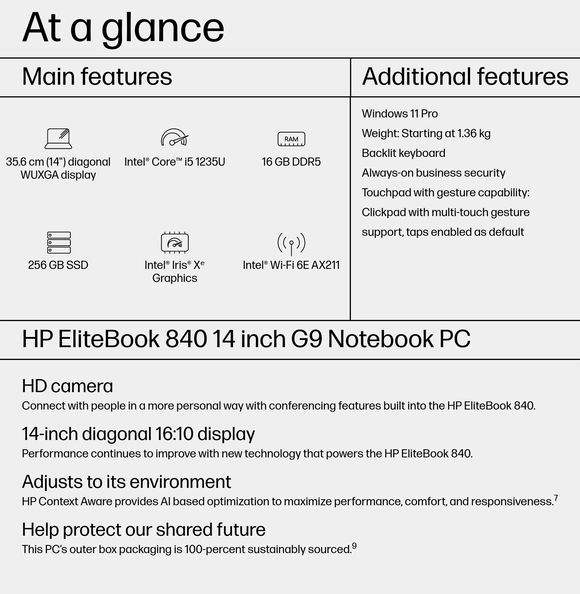 HP EliteBook 840 G9 14" i5-1235U, 16GB, 256GB, Win 11 Pro - Notebook, Silver