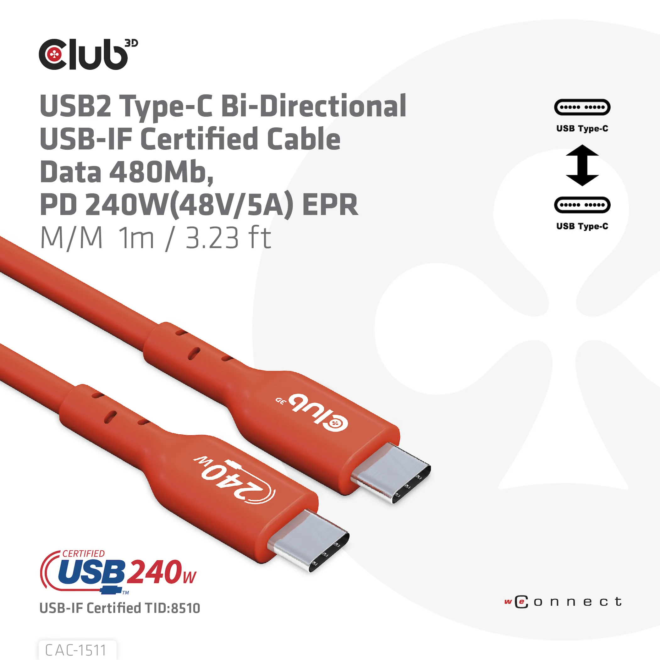 Club 3D 2.0 USB-C, 240W EPR - cable, Red, 1m