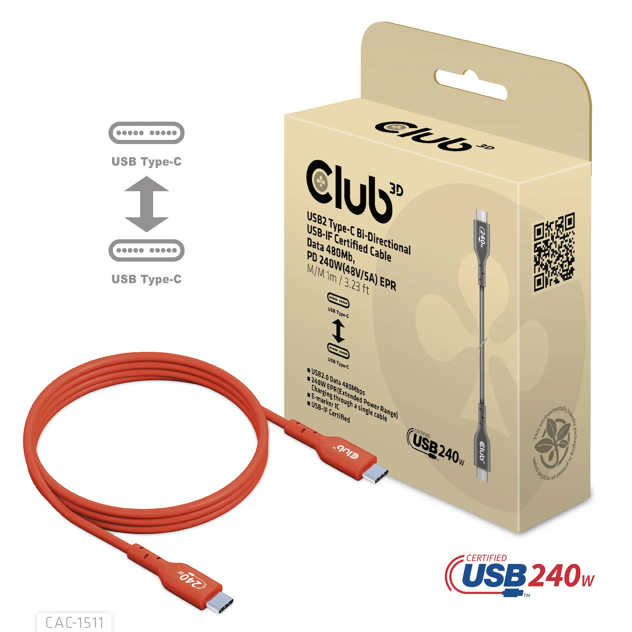 Club 3D 2.0 USB-C, 240W EPR - cable, Red, 1m