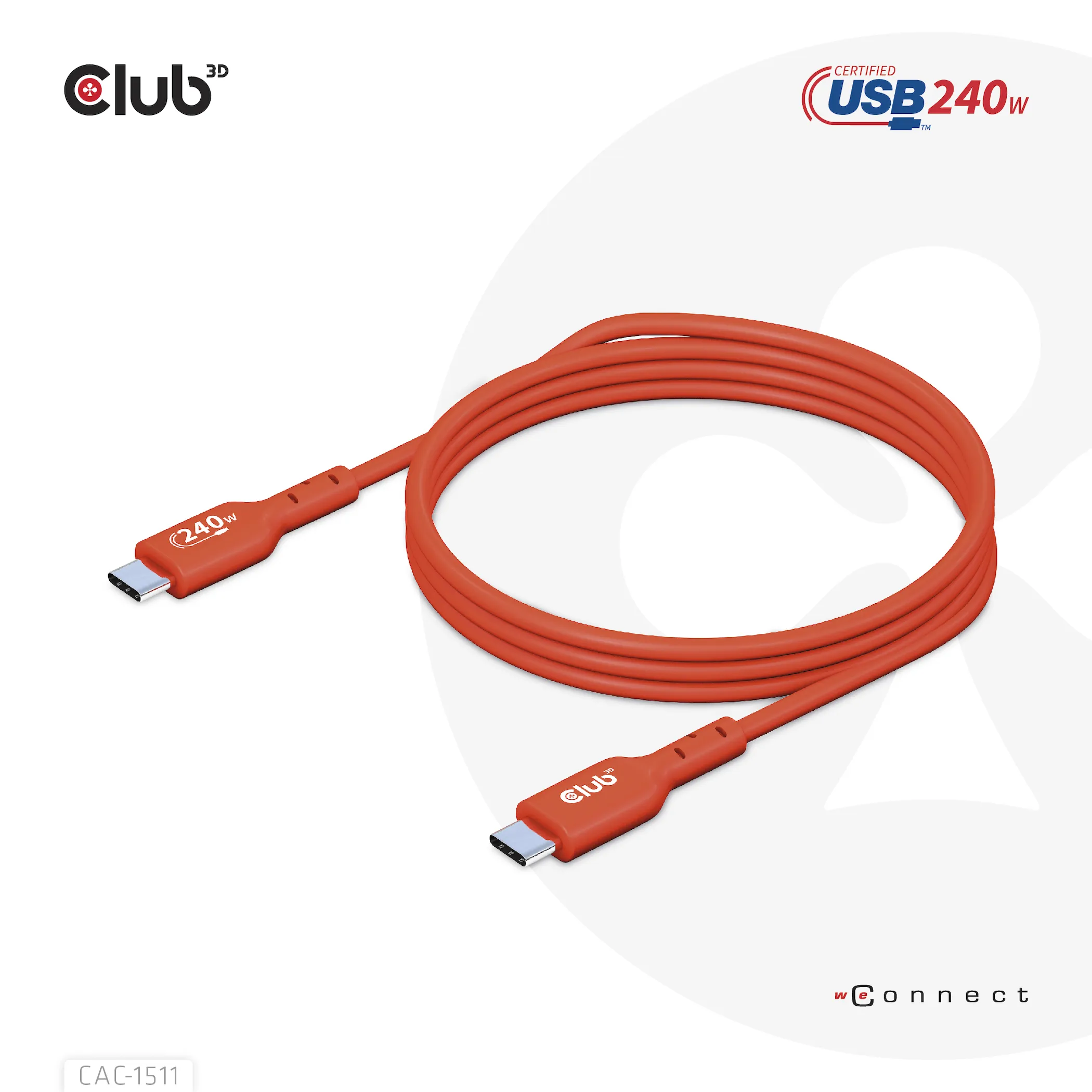 Club 3D 2.0 USB-C, 240W EPR - cable, Red, 1m