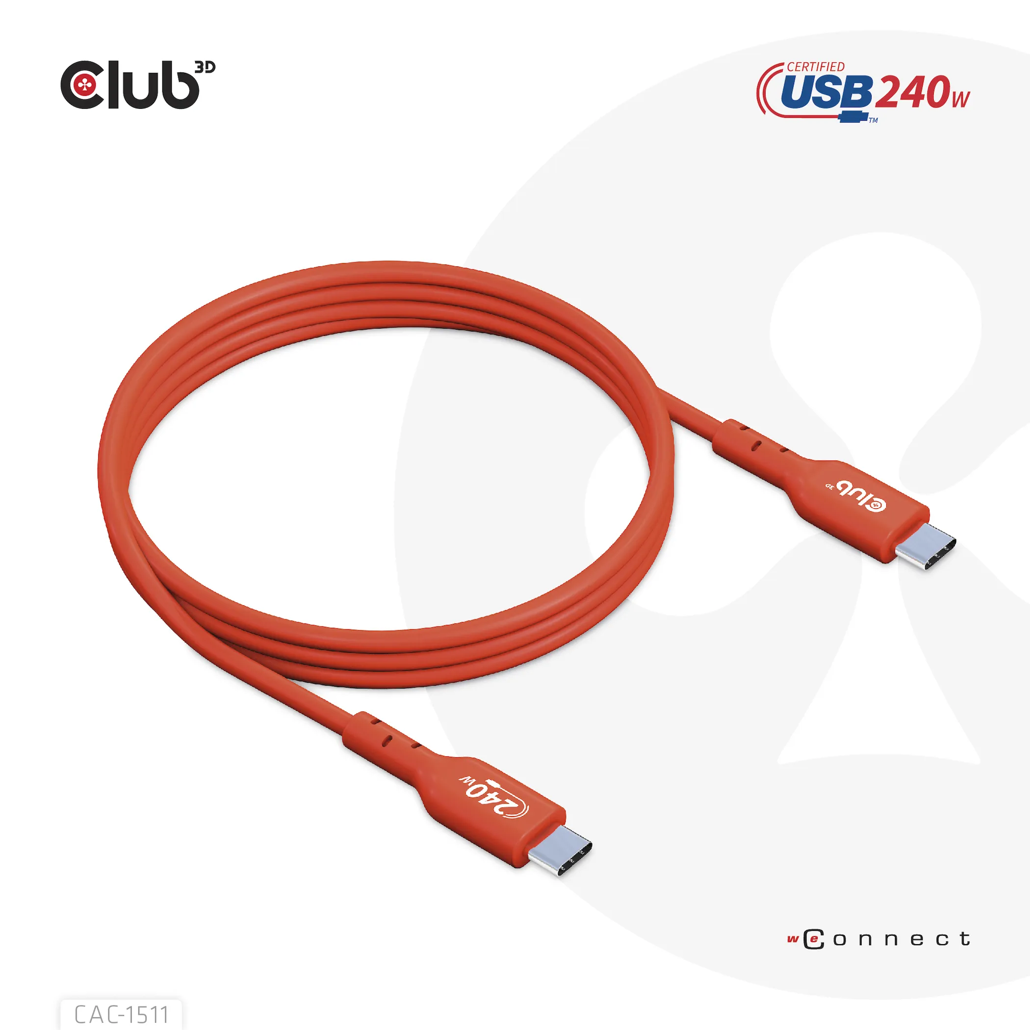 Club 3D 2.0 USB-C, 240W EPR - cable, Red, 1m