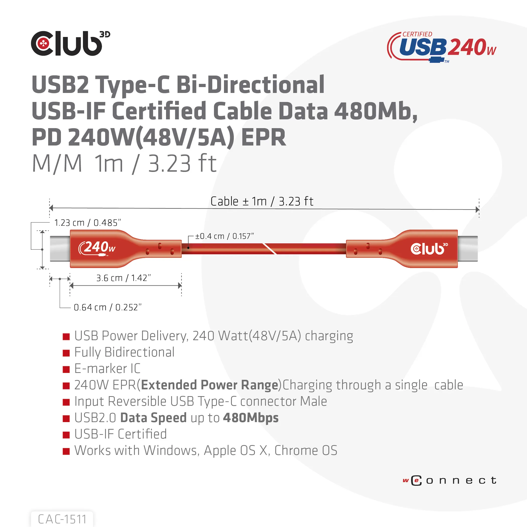 Club 3D 2.0 USB-C, 240W EPR - cable, Red, 1m