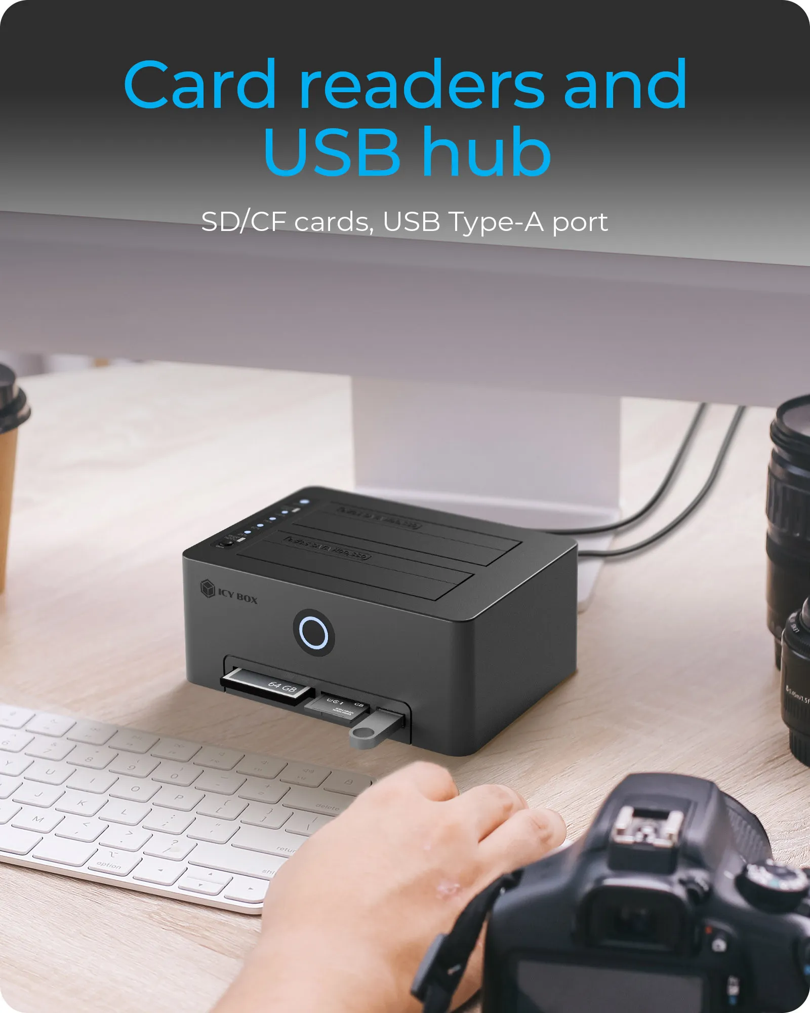 ICY BOX IB-1233CL-CR kaksipaikkainen HDD/SSD-telakka, USB 3.2 Gen 1, CloneStation, musta