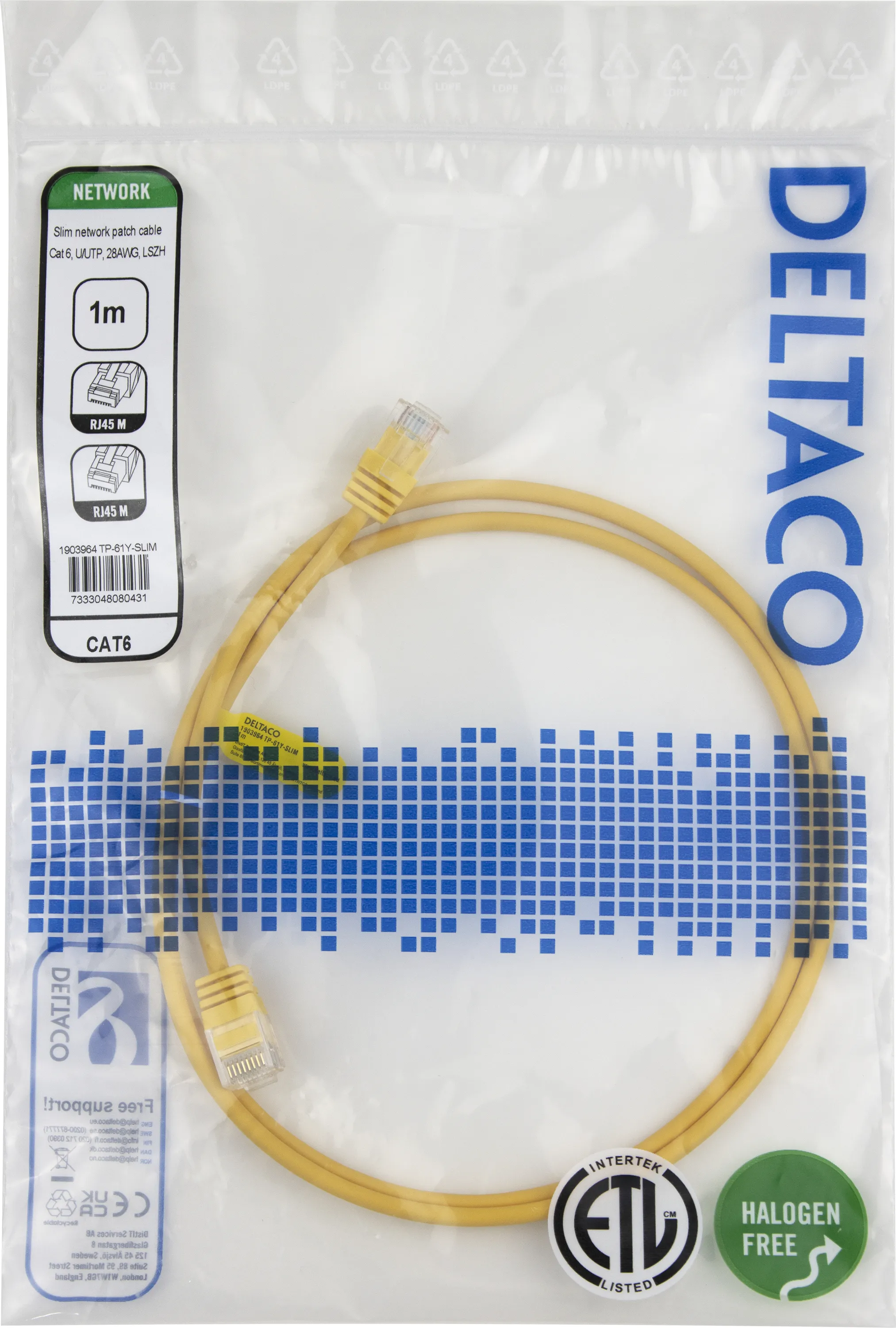 Deltaco Cat6 U/UTP RJ45 1m Network Cable, Yellow