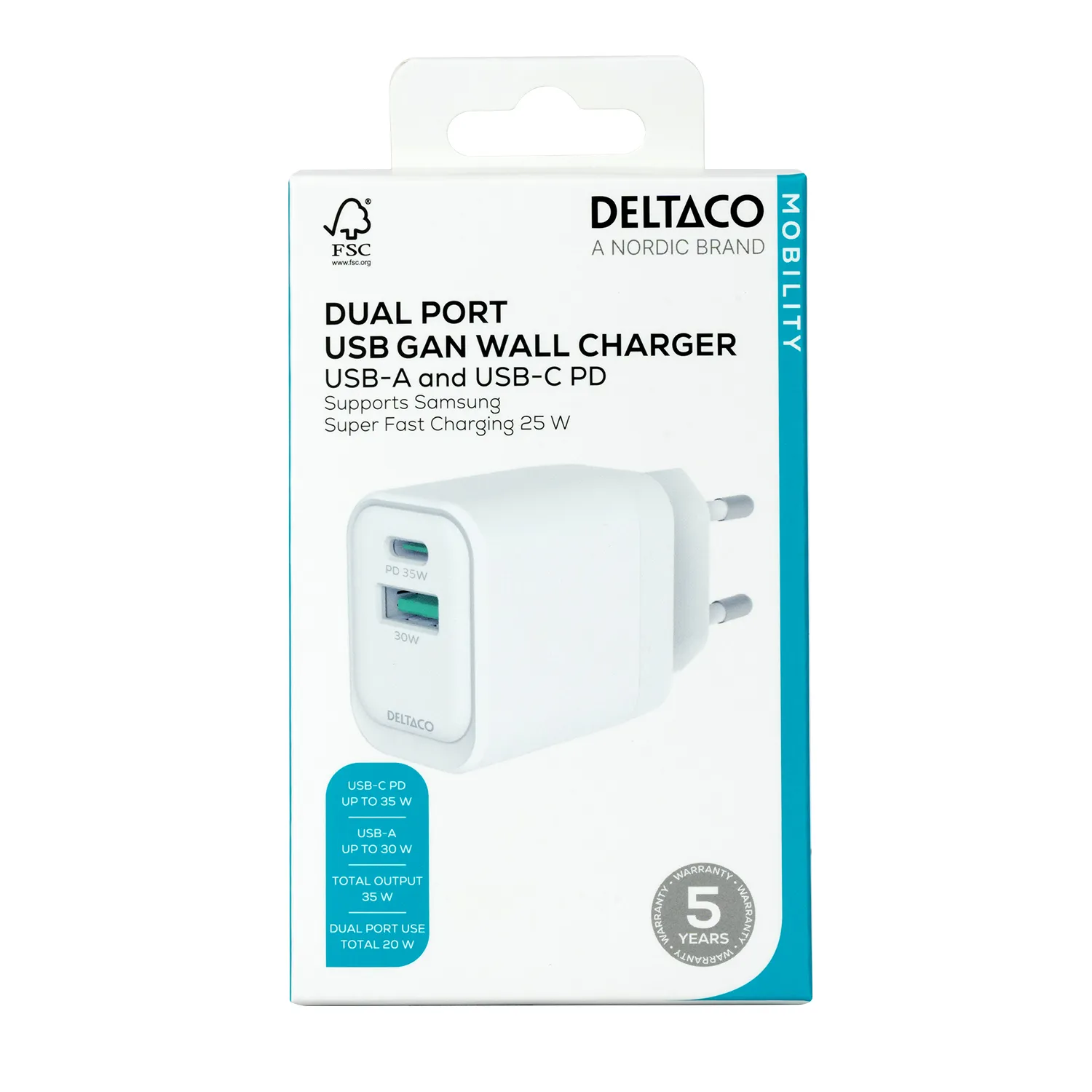 DELTACO USBC-AC159 - Wall charger, white