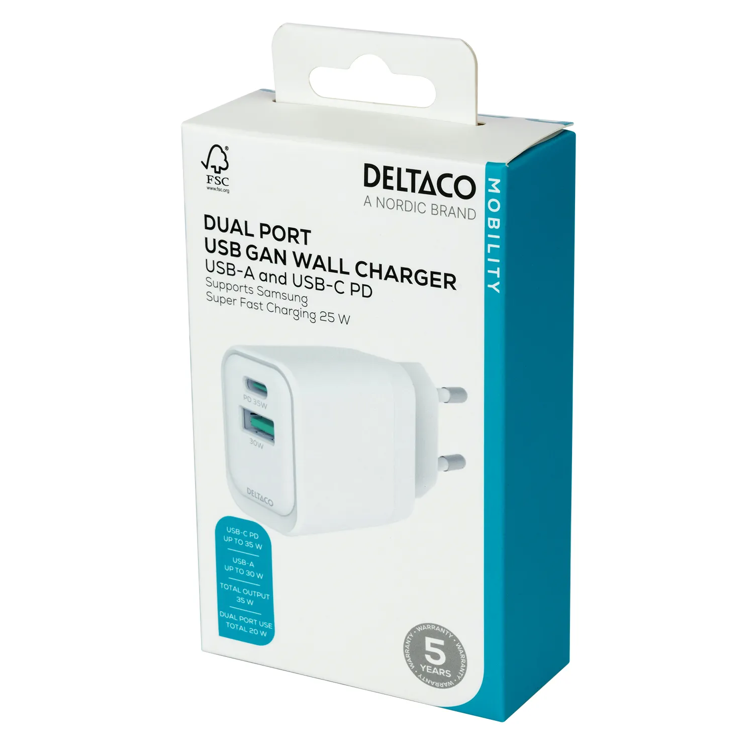 DELTACO USBC-AC159 - Wall charger, white