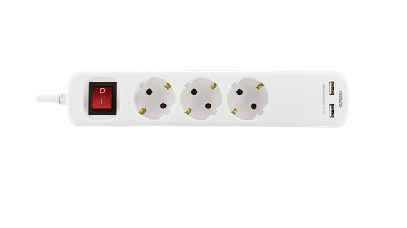 Deltaco GT-161C 2xUSB, 3 outlets Power Strip, 3m, White