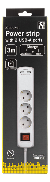 Deltaco GT-161C 2xUSB, 3 outlets Power Strip, 3m, White