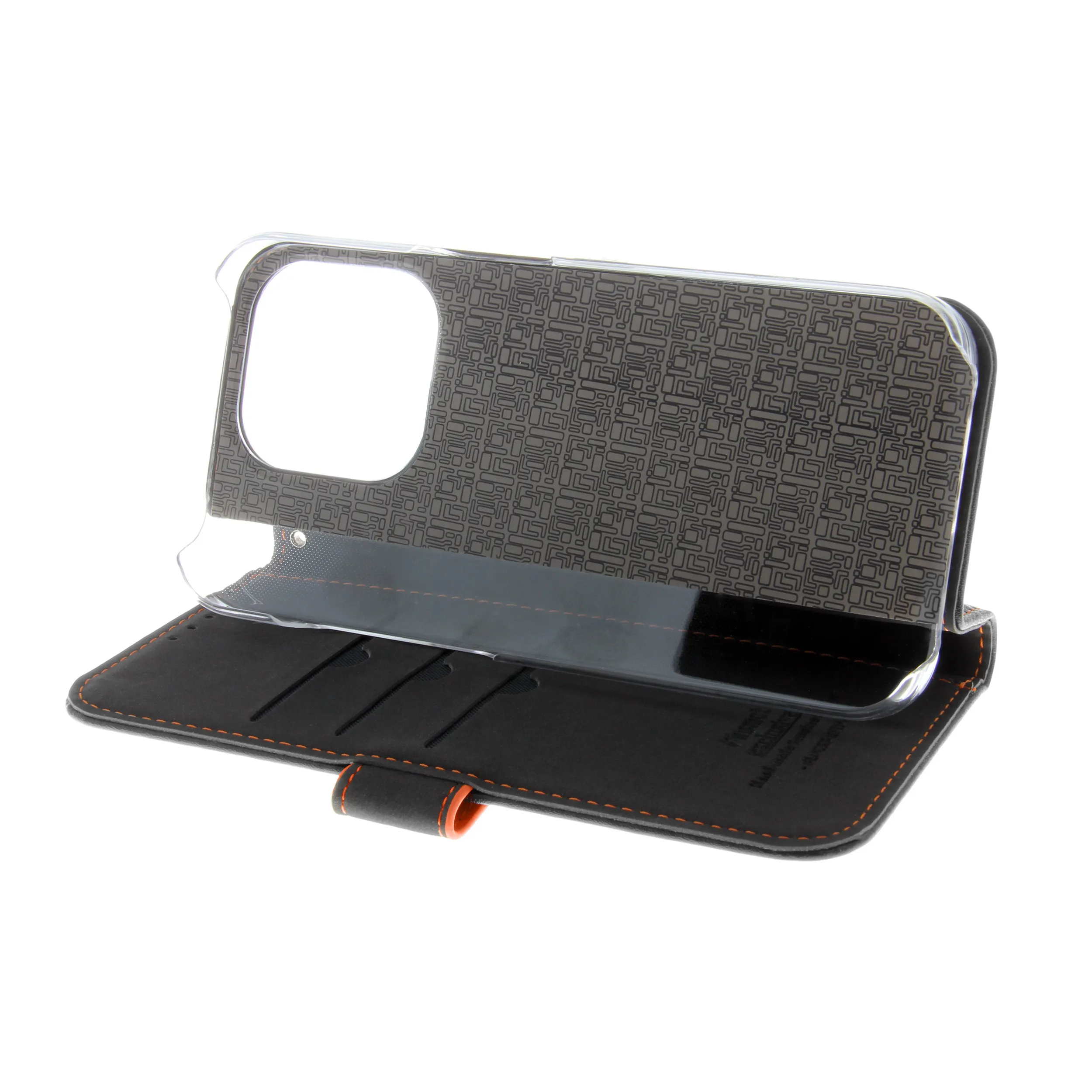 Insmat Flip Case, iPhone 15 Pro -lompakkokotelo, Musta/Oranssi