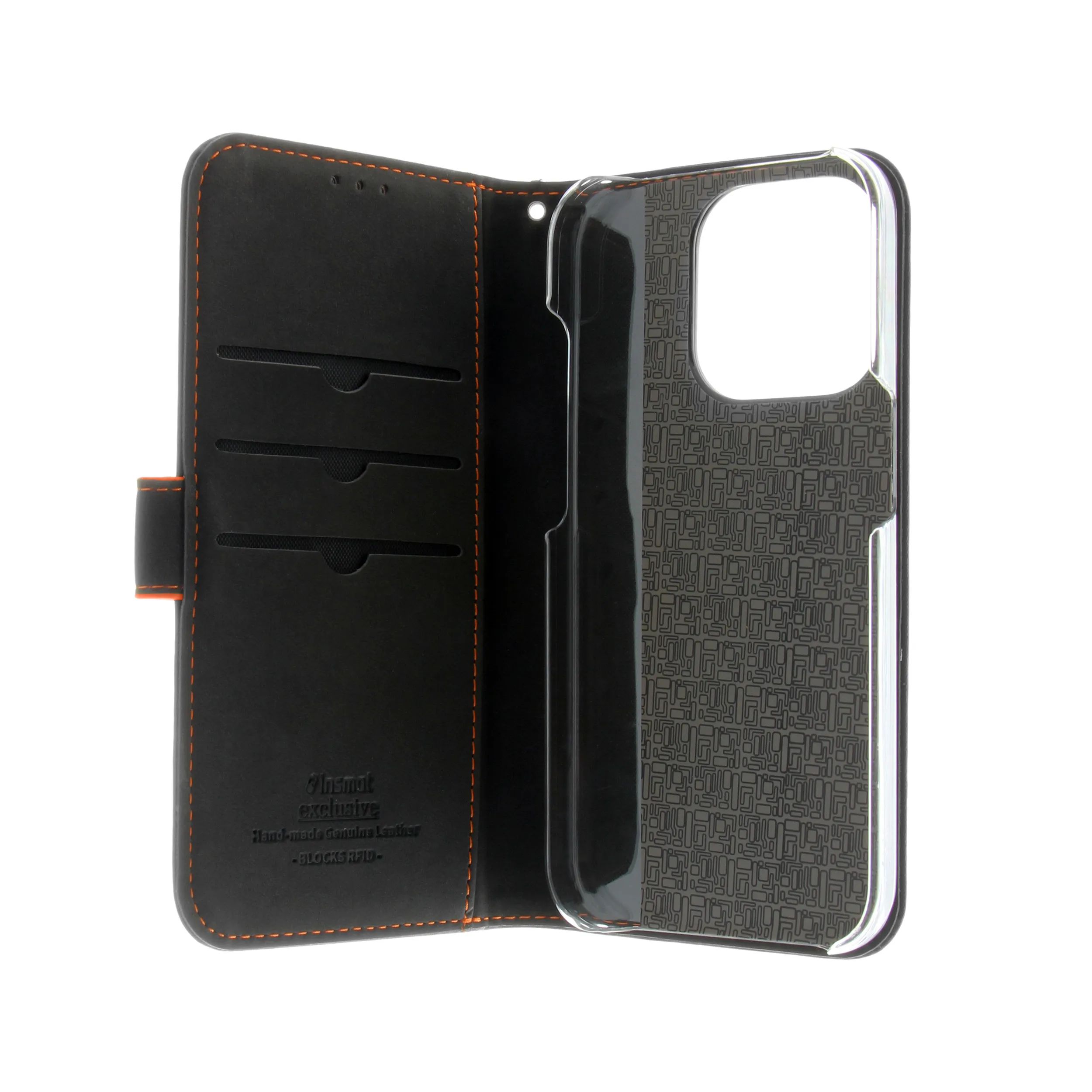 Insmat Flip Case, iPhone 15 Pro -lompakkokotelo, Musta/Oranssi