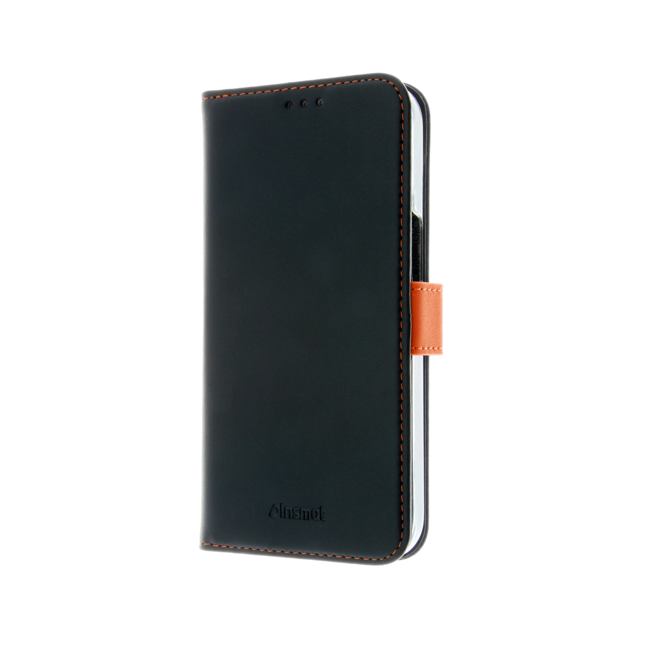 Insmat Flip Case, iPhone 15 Pro - plånboksfodral, Svart/Orange