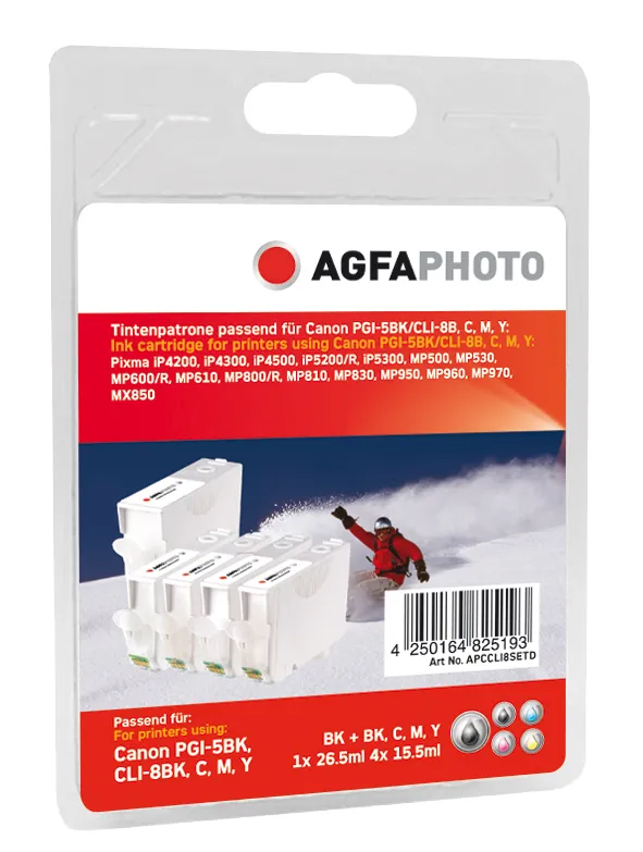 AgfaPhoto APCCLI8SETD ink cartridge kit, Black/Cyan/Magenta/Yellow, 5 pcs