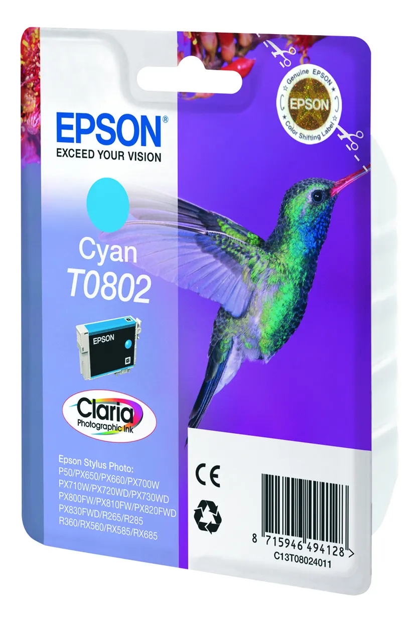 EPSON T0802 bl&auml;ckpatron, 7.4 ml, cyan