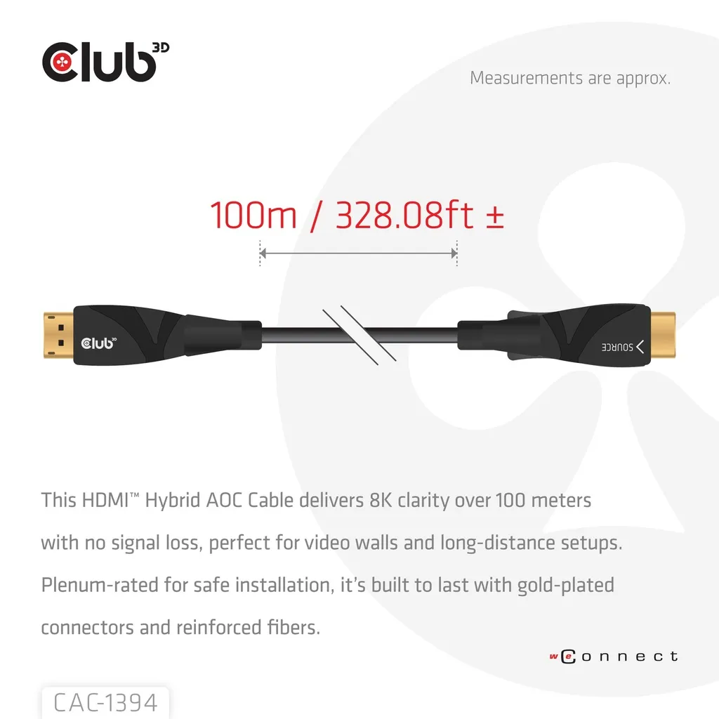 Club 3D CAC-1394 Ultra High Speed HDMI 2.1 Active Optical -kaapeli, jossa 8K, HDR, 100 m, musta