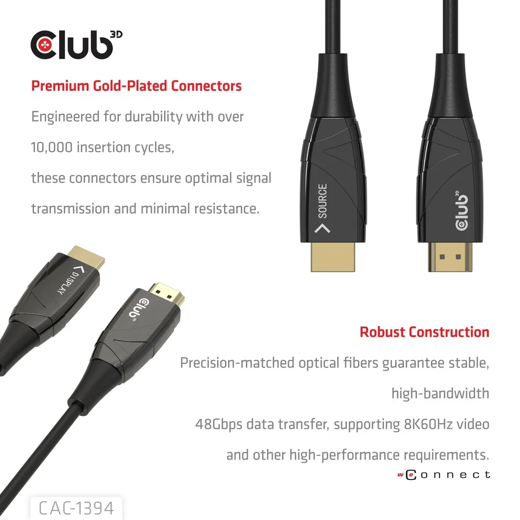 Club 3D CAC-1394 Ultra High Speed HDMI 2.1 Active Optical -kaapeli, jossa 8K, HDR, 100 m, musta