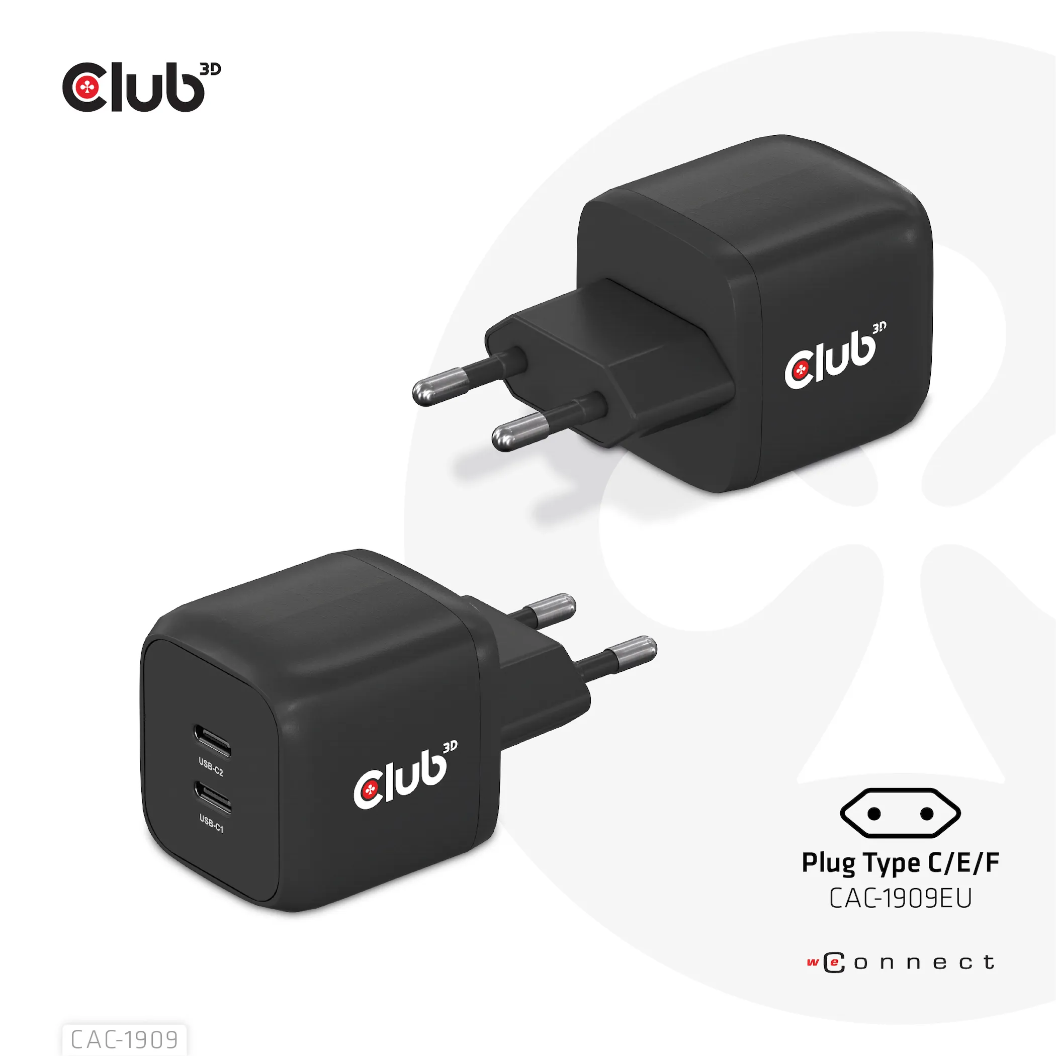 Club 3D 45W GaN, 2x USB-C PD3.0 - charger, Black