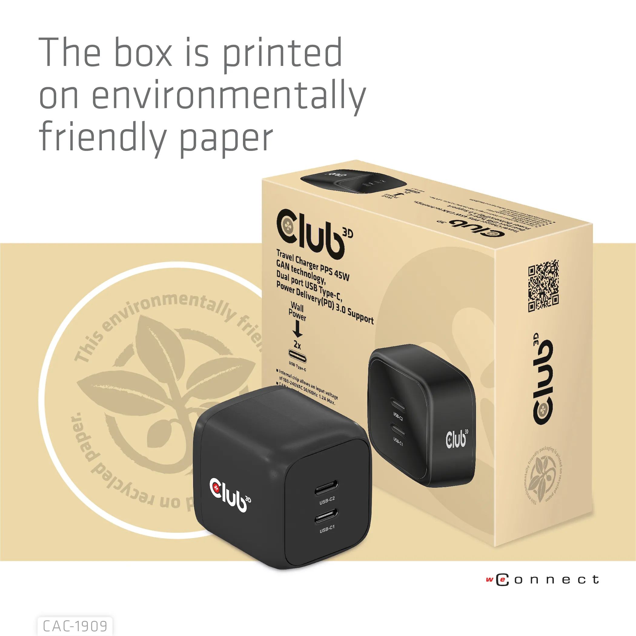 Club 3D 45W GaN, 2x USB-C PD3.0 - charger, Black