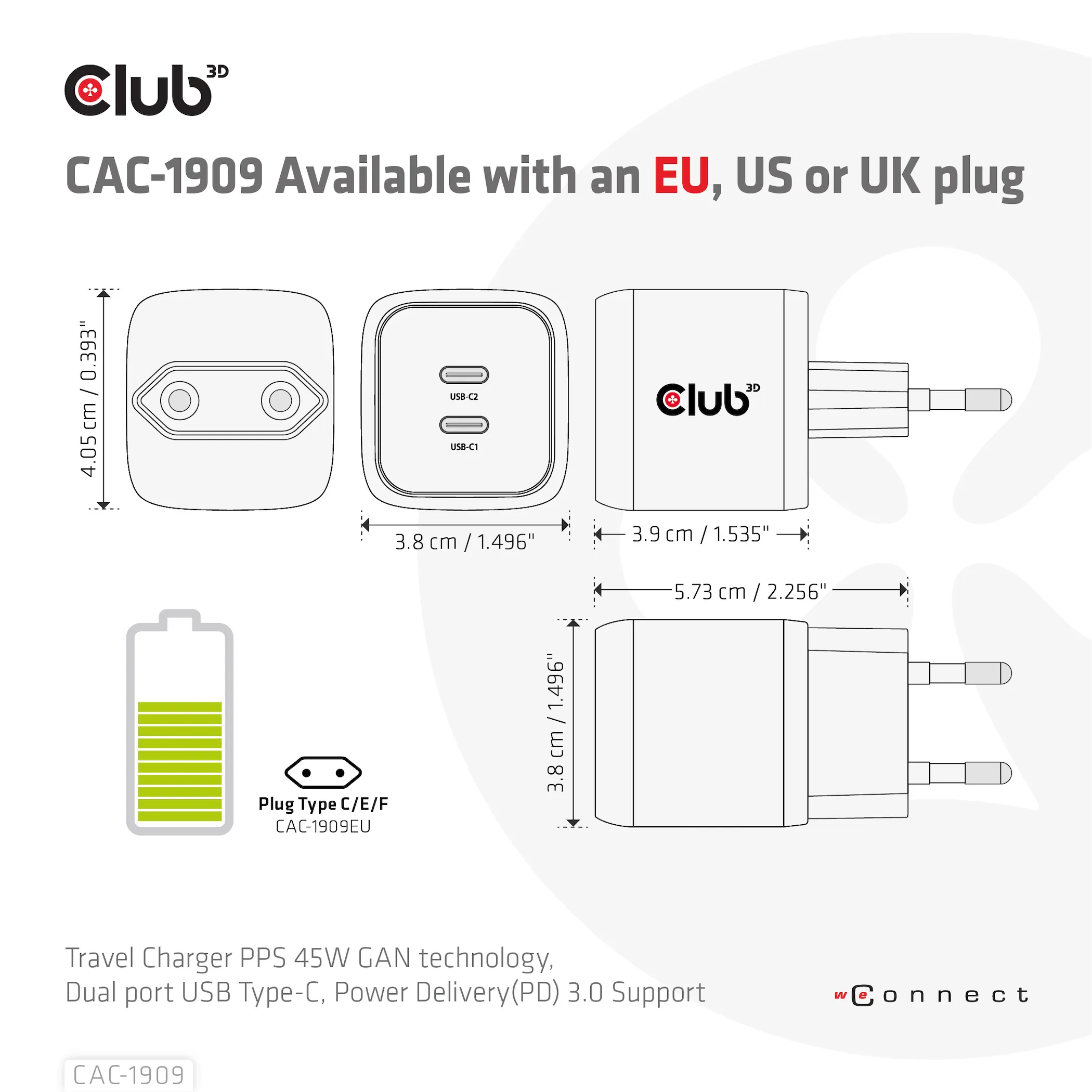 Club 3D 45W GaN, 2x USB-C PD3.0 - charger, Black