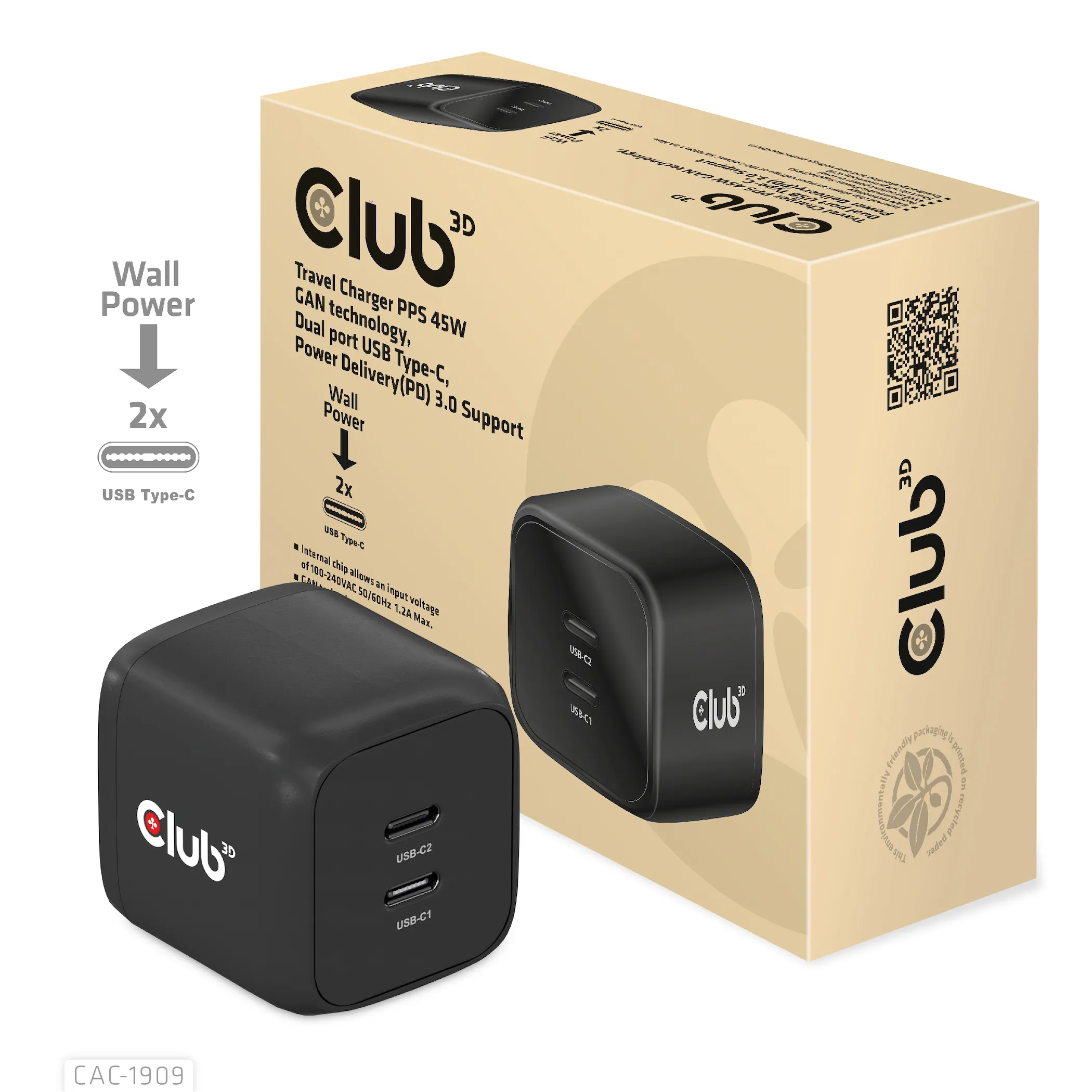 Club 3D 45W GaN, 2x USB-C PD3.0 - charger, Black