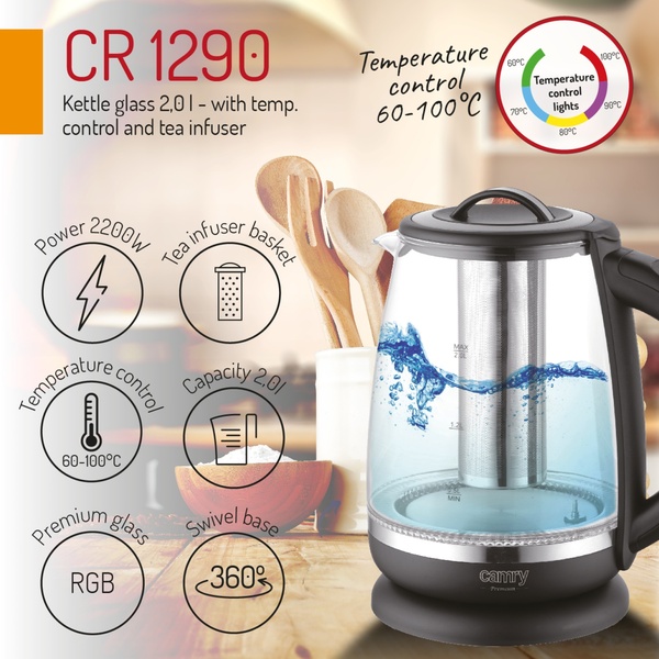 Camry CR 1290 kettle, 2.0L, 1850W, Black