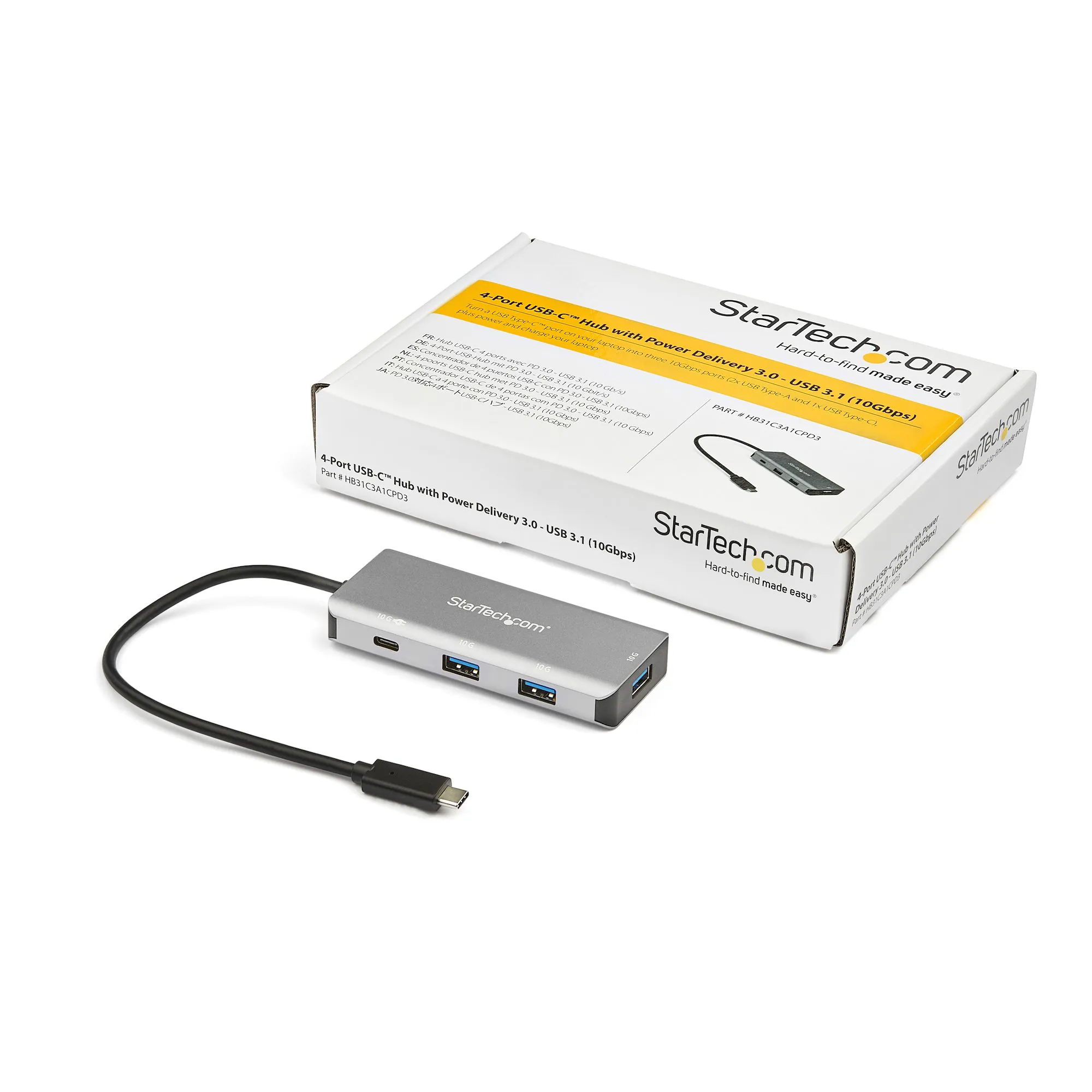 STARTECH.COM HB31C3A1CPD3 4-Port USB-C Hub 10 Gbps with Power Delivery & 9.8inch Attached Host Cable 3x USB-A & 1x USB-C