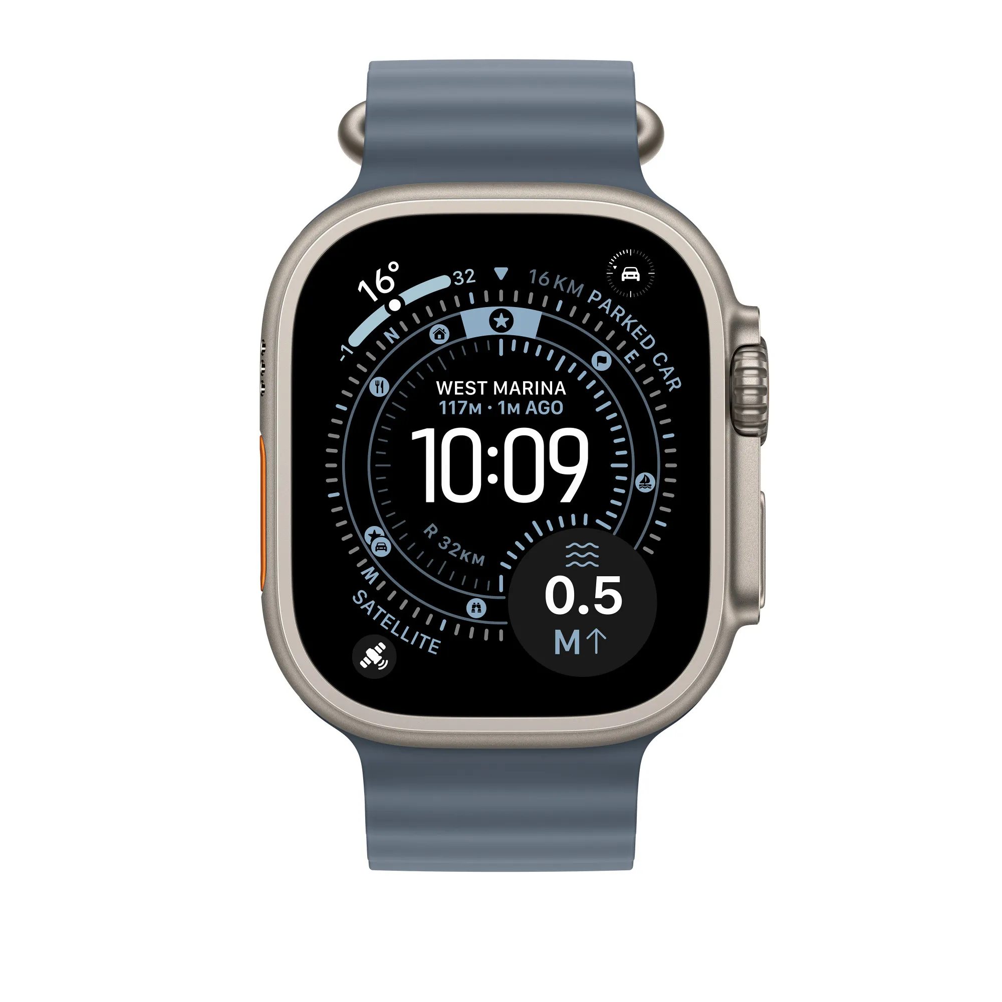 Apple Watch 49 mm havsband, anchor blue, Natural Titanium Finish