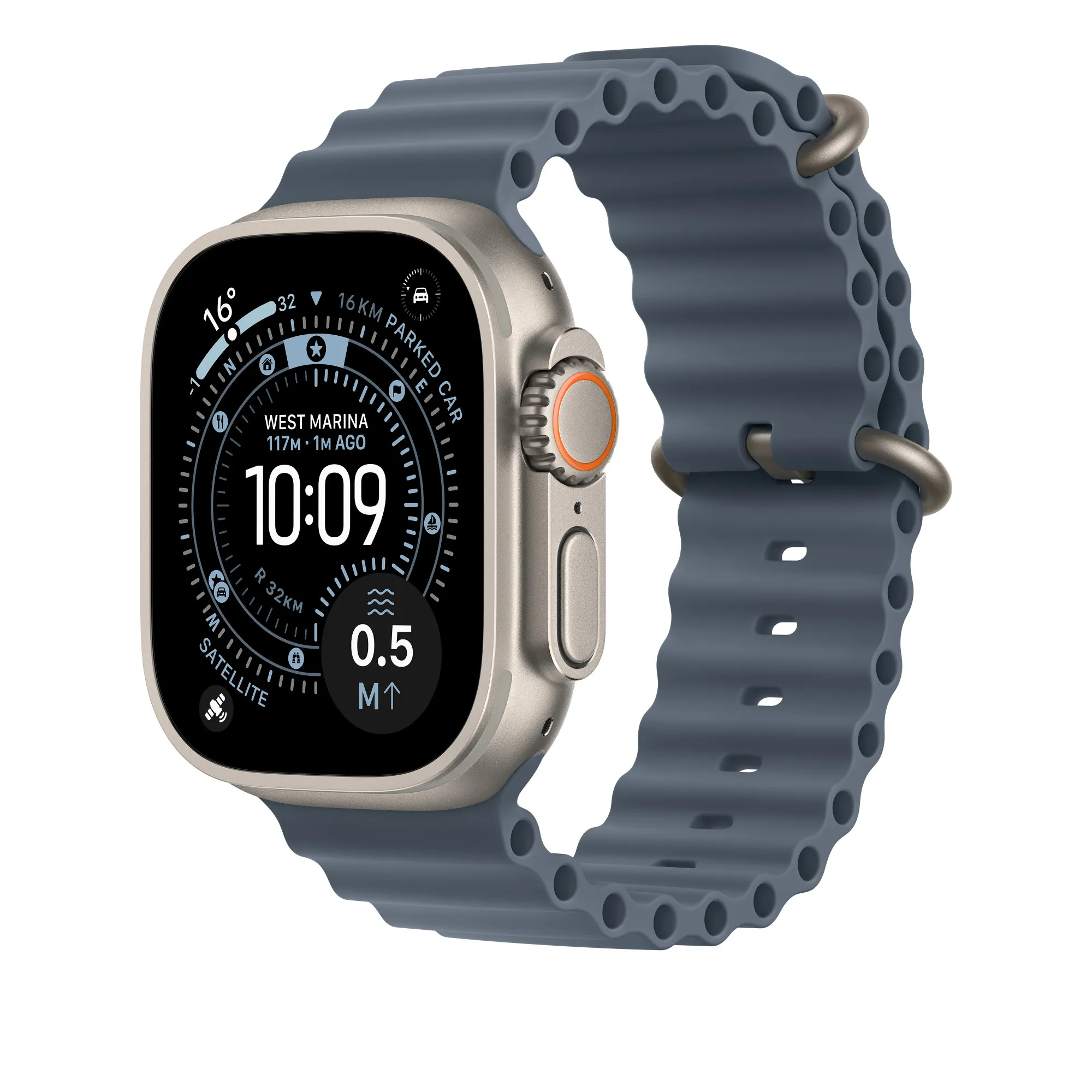 Apple Watch 49 mm havsband, anchor blue, Natural Titanium Finish