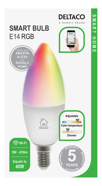 Deltaco Smart Home SH-LE14RGB -&auml;lylamppu, RGB, E14, 5W, 470lm