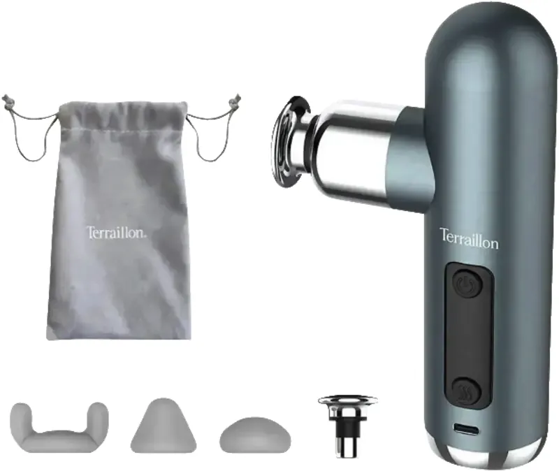 Terraillon Mini massagepistol med v&auml;rmefunktion, 6 hastigheter, 4 huvuden, gr&aring;/svart/silver