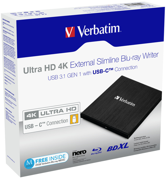 External Ultra HD 4K Slimline Blu-ray Writer USB 3.1, USB-C