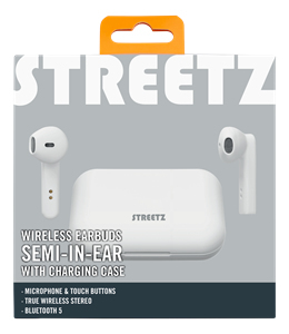 STREETZ True Wireless Stereo earbuds with charging case, semi-in-ear, BT 5, matte white