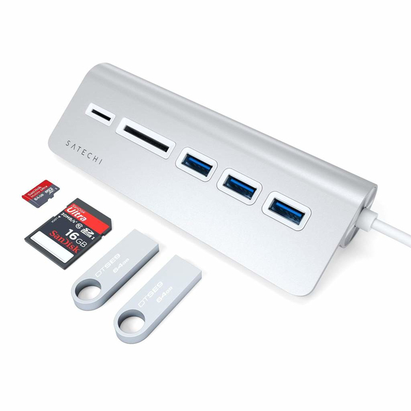 Satechi USB-C Aluminum USB-hub & Minneskortläsare, silver