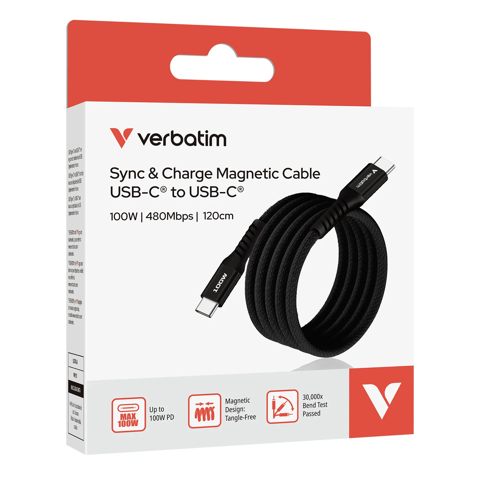 Verbatim Sync & Charge Magnetic USB-C cable, 100W, 1.2 m, Black