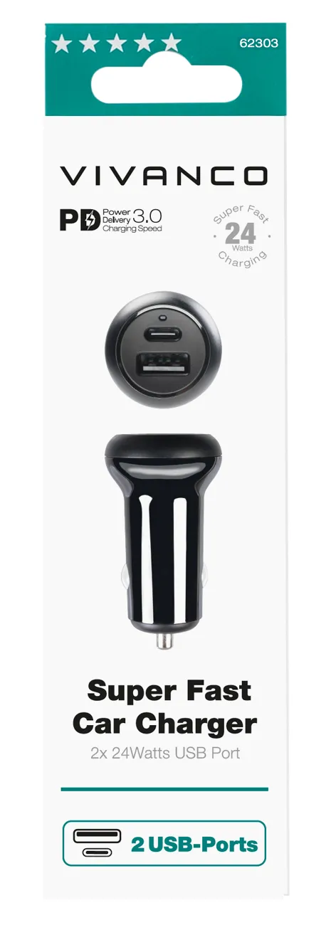 VIVANCO 1xUSB-C PD / USB-A 2x24W - car charger, black
