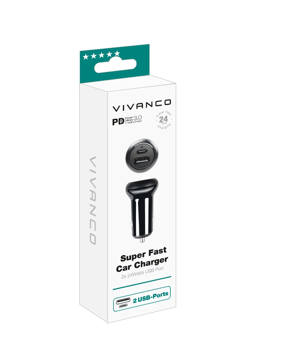 VIVANCO 1xUSB-C PD / USB-A 2x24W - car charger, black