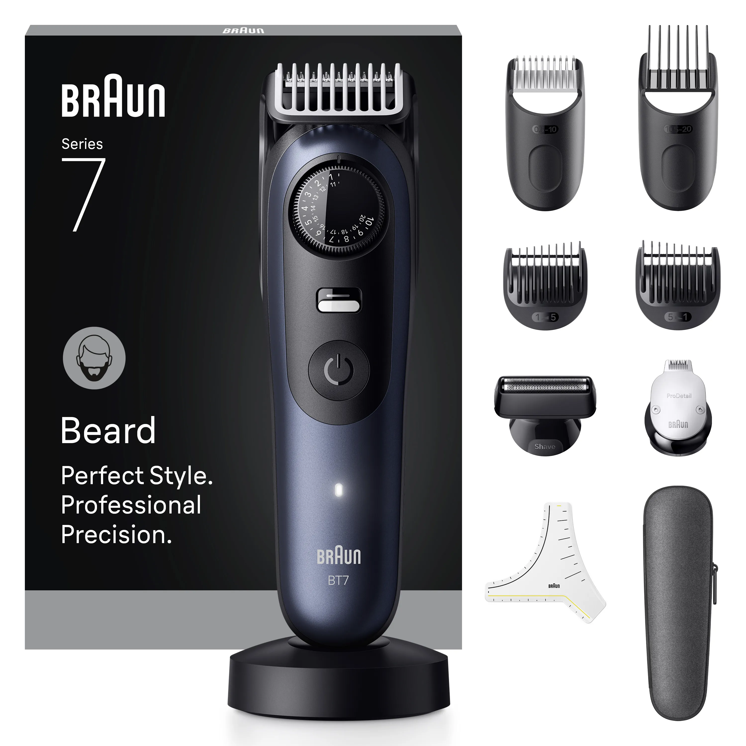 Braun BeardTrimmer 7 m&auml;rk&auml;- ja kuiva-ajoon -partatrimmeri, tummansininen