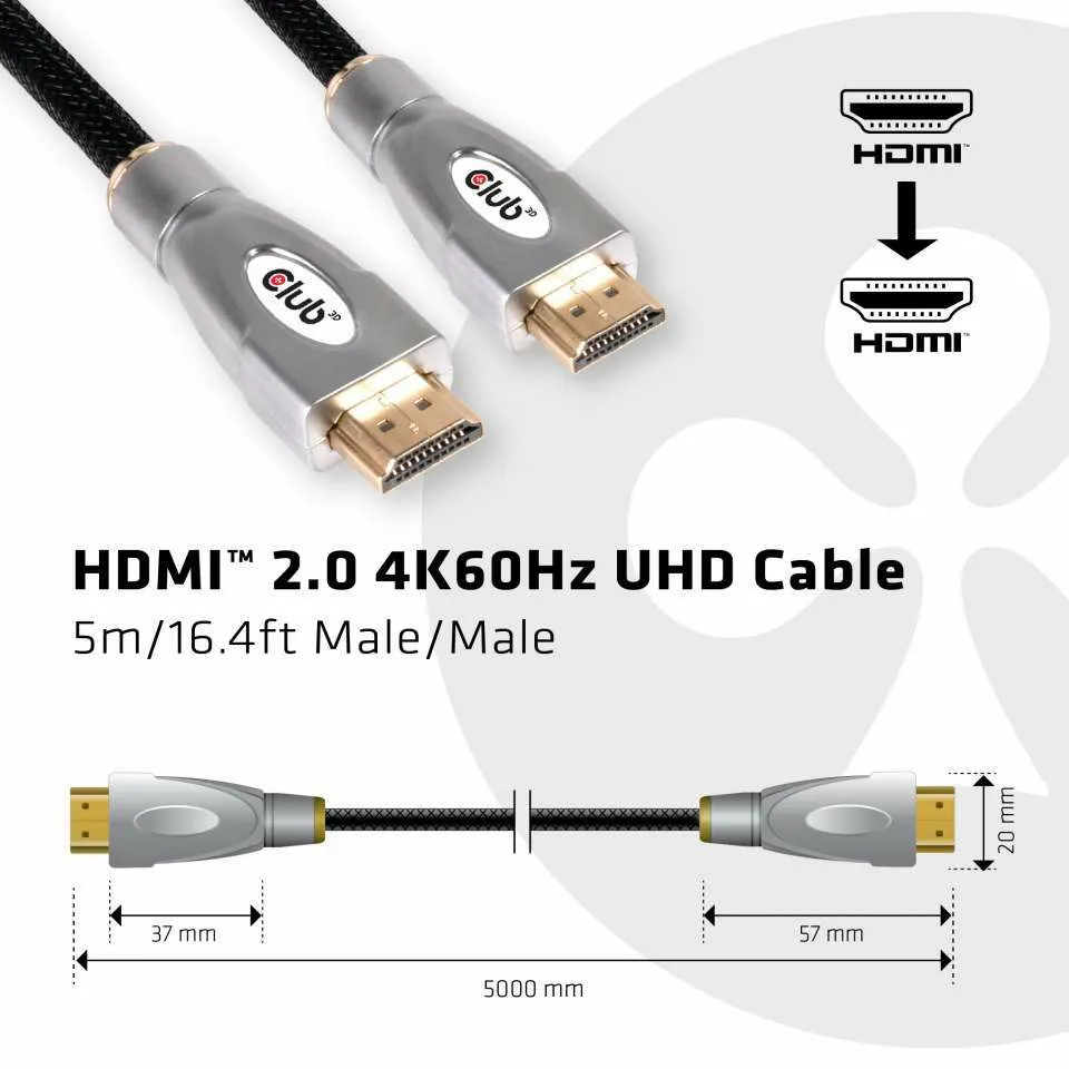 Club 3D HDMI &ndash; HDMI 2.0 2.0 - kabel, 5 m, Svart/Silver