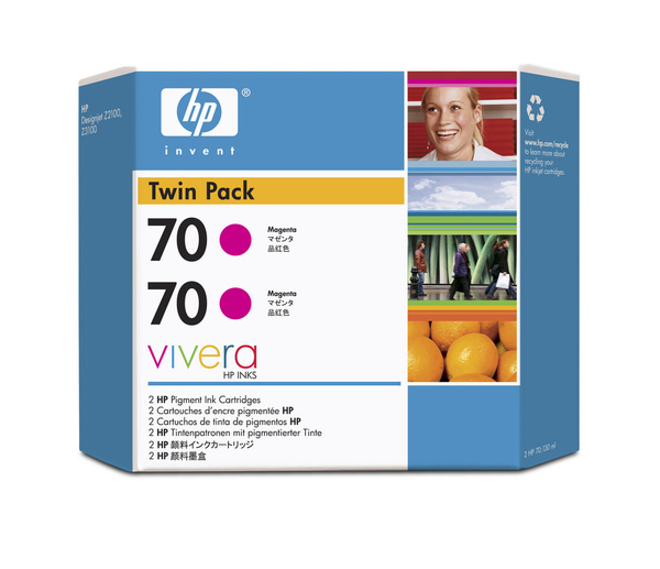 HP 70 Magenta Ink Cartridge 2-pack - 2 ink cartridges 130 ml each, not for individual sale