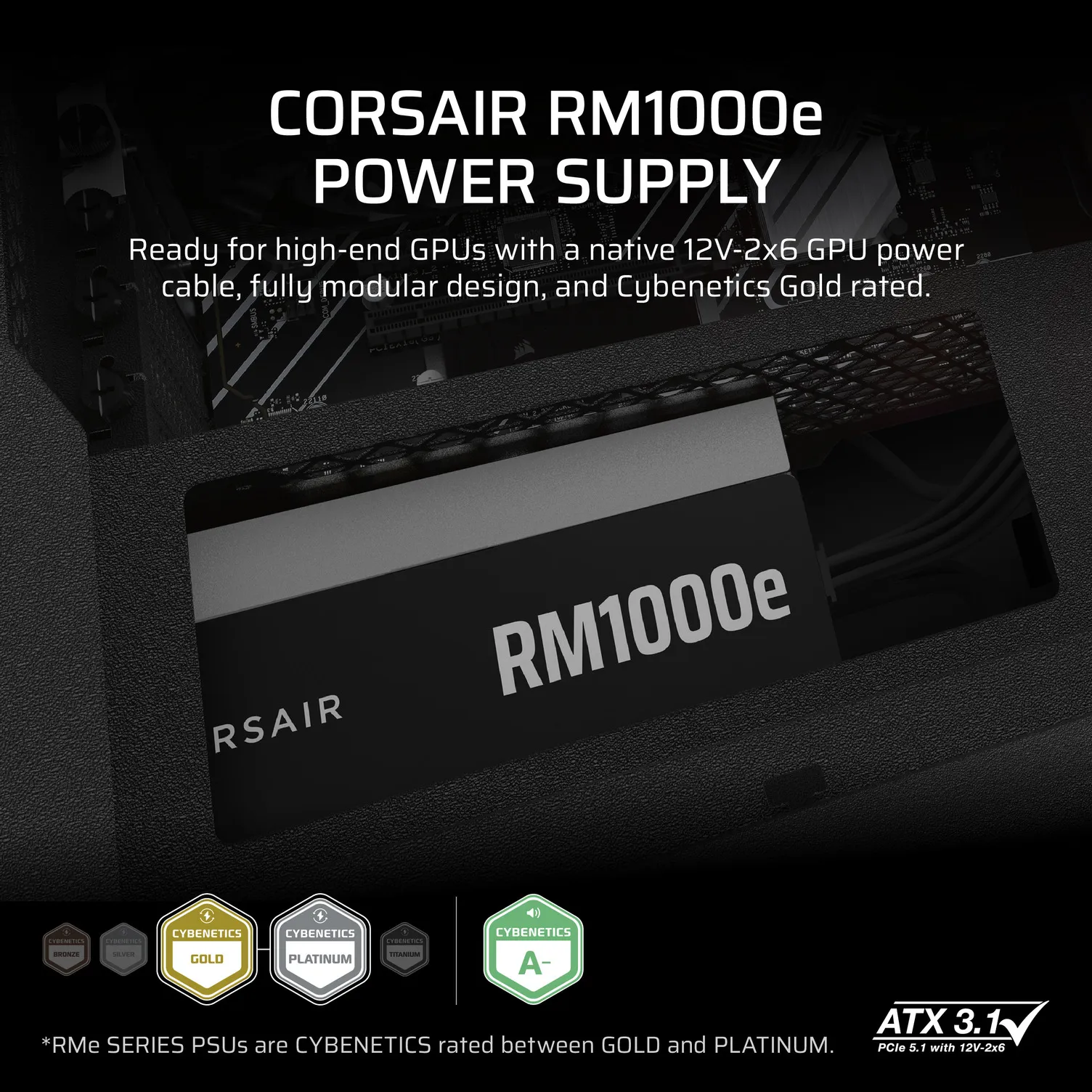 Corsair RMe 1000W ATX 3.1 (2025) - str&ouml;mk&auml;lla, 80 Plus Gold