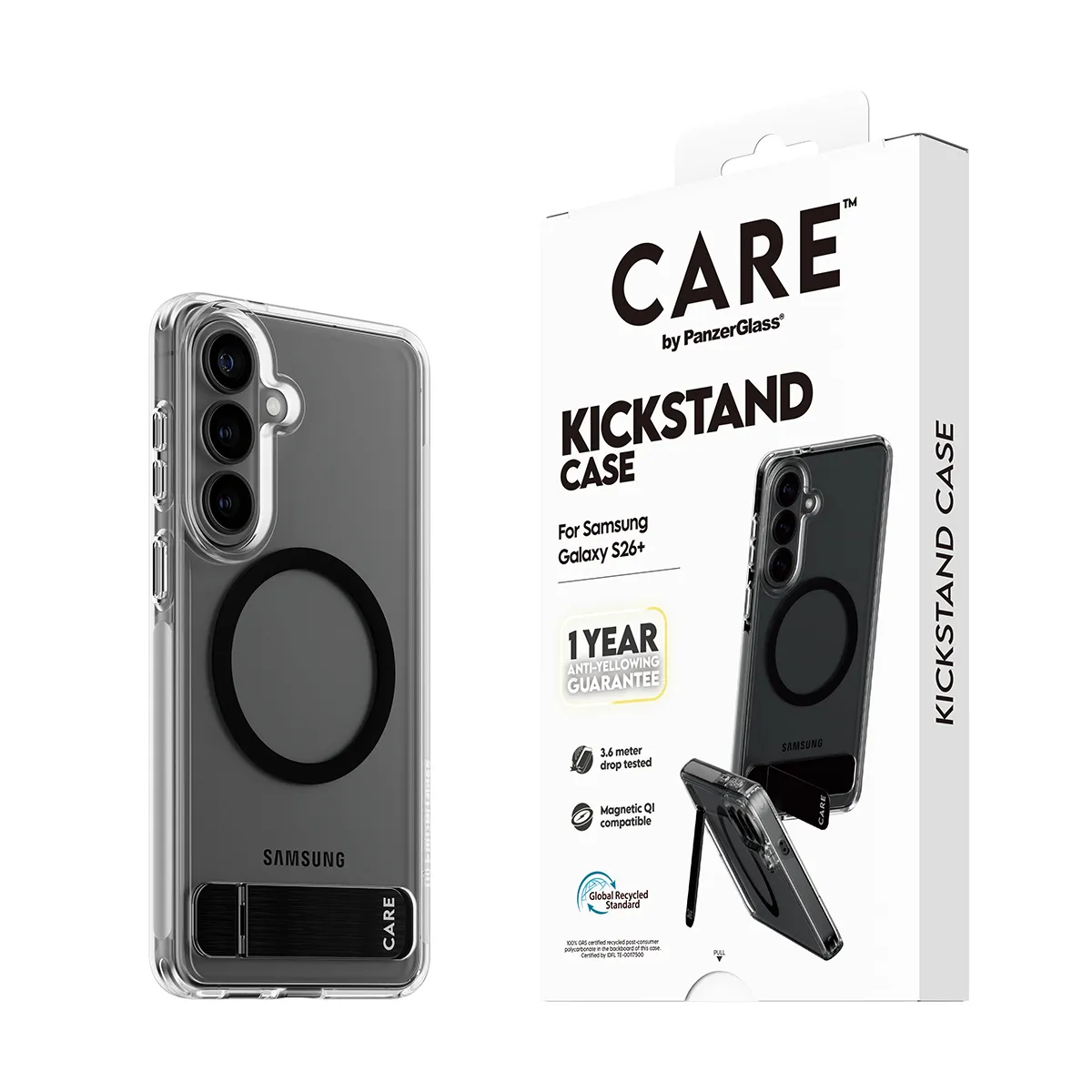 PanzerGlass CARE Case for Galaxy S26+, Clear with Black Kickstand